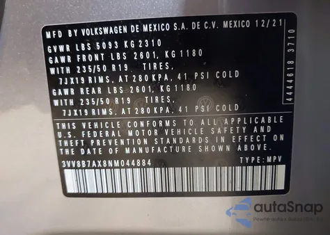 2022 Volkswagen Tiguan 2.0T Se R-Line Black from USA, damaged, VIN 3VV8B7AX8NM044884